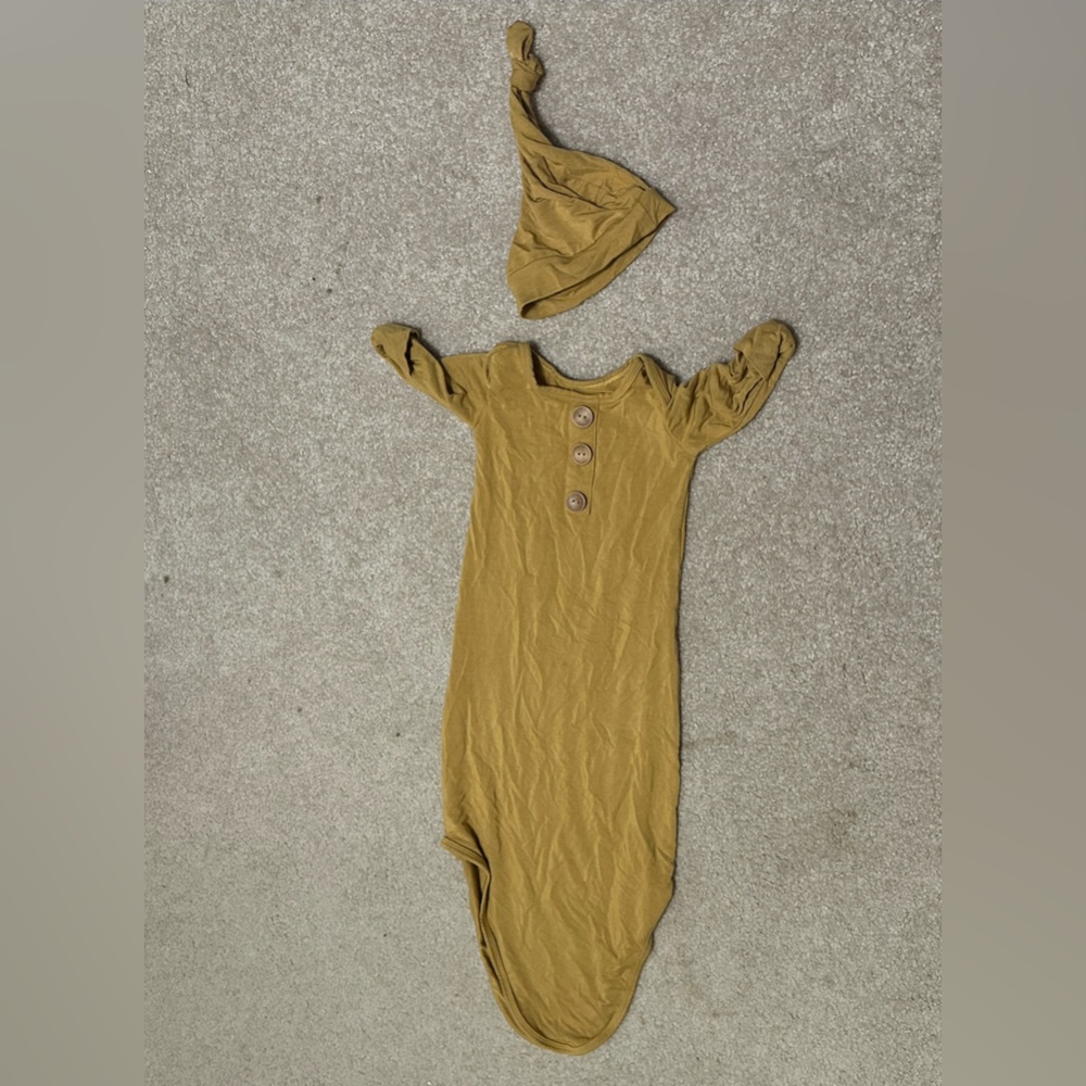 Caden Lane mustard brown newborn gown with matching hat